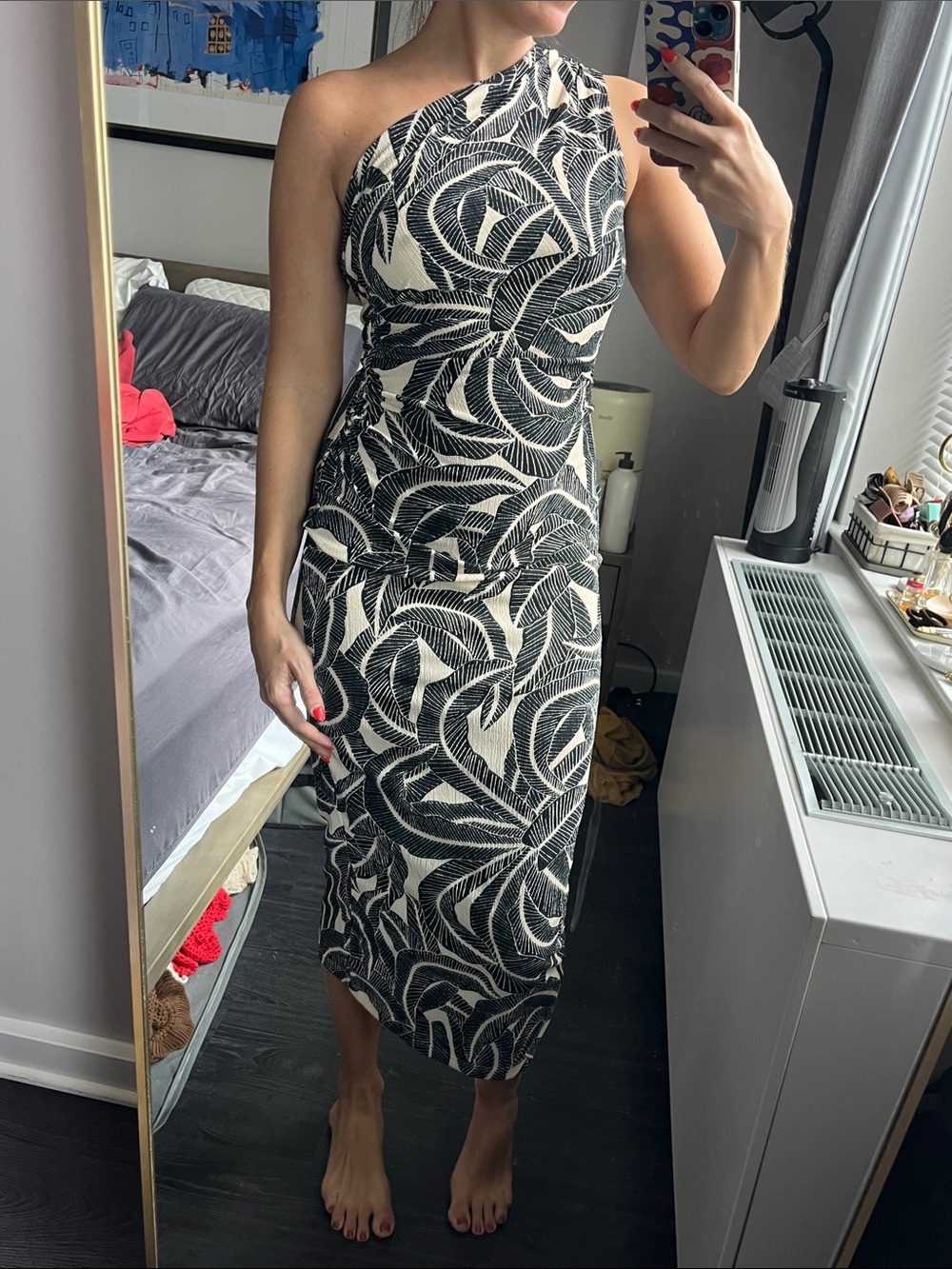 H&M One-Shoulder Black & Cream Printed Midi Dress